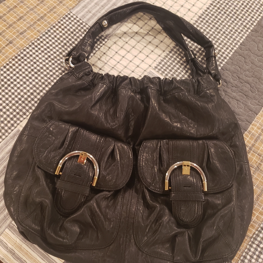 b. makowsky Black Leather Hobo Bag with Gold Accents